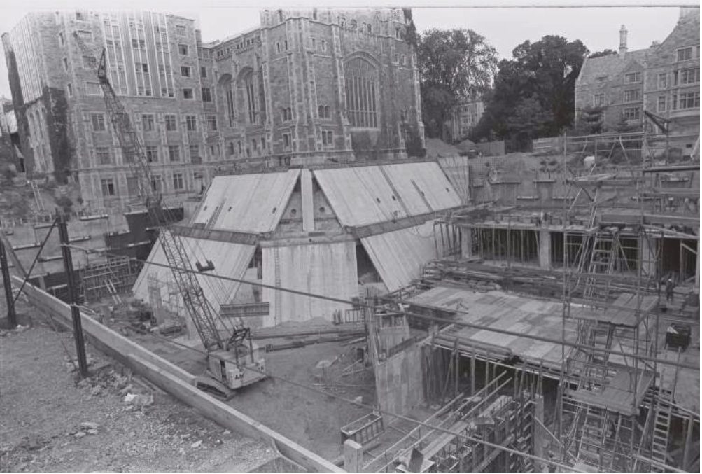 Crane and formwork on the site in 1979 with Legal Research standing above