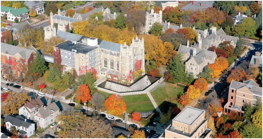 Aerial view of the Law Quadrangle in autumn